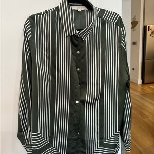 LOFT Green & White Striped Button-Down Blouse | Long Sleeve | Size Large